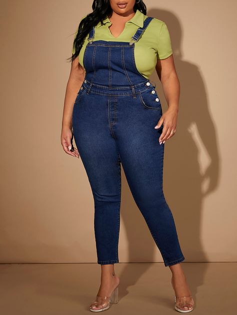 Dark Wash Preppy  Sleeveless Denim Plain   High Stretch  Plus Size Denim Overalls Plus Size, Overalls For Women, Plus Size Denim, Top 10 List, Denim Overalls, Denim Jumpsuit, Cropped Denim, Overall Shorts, Body Positivity