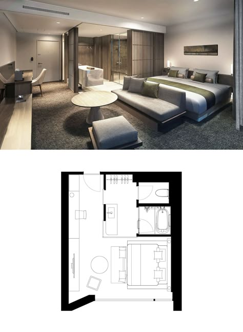 The Royal Park Hotel Iconic Kyoto | Deluxe King (37.5㎡） 2 Bed Hotel Room Design, Hotel Suite Design Interiors, Hotel Suite Interior Design, 2 Bed Hotel Room, Small Hotel Room Plan, Hotel Suite Room Plan, Hotel Design Architecture Plan, Hotel Room Plan Layout, Hotel Room Interior Modern