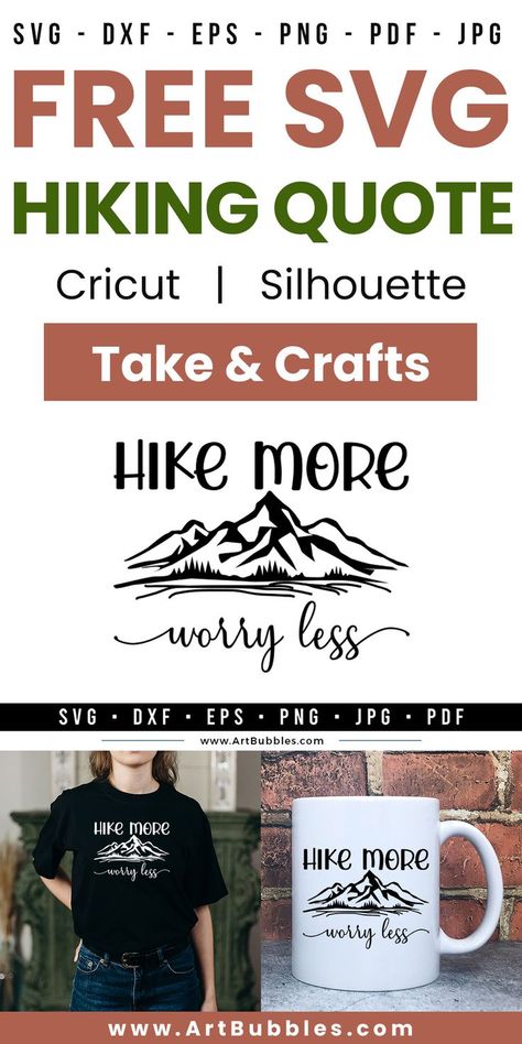 Free SVG | Hiking Free SVG File | Hike More Worry Less Free SVG Making T Shirts, Hiking Svg, Hiking Tshirt, Hiking Quotes, Worry Less, Hiking Shirts, Fun Diy Crafts, Free Svg Files, Svg Free