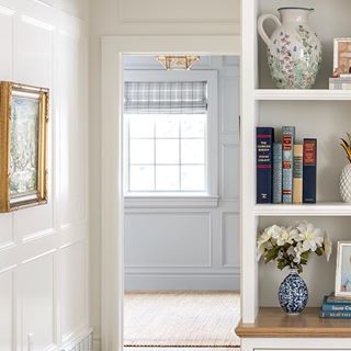 Thank you for all the kind comments about our client’s new blue and white family room! So many messaged to see more of the house so here is a pretty shot showing details with a peek into the hall and office.💙 #thefoxgroup #details Duck Egg Blue Sofa, Blue And White Family Room, White Family Room, White Family Rooms, Fox Group, Ceiling Treatments, House Inside, Blue Sofa, Office Inspiration