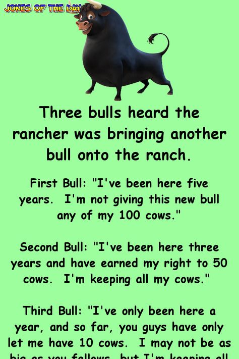 Funny Clean Joke Of The Day - Three bulls heard the rancher was bringing another bull onto the ranch Clean Funny Jokes, Funny Long Jokes, Clean Jokes, Long Jokes, Funny Jokes For Adults, Joke Of The Day, Clean Humor, Golf Humor, The Ranch