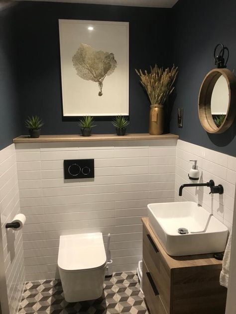 Cloakroom Colour Schemes, Small Toilet Room Tile Ideas, Downstairs Toilet Tiles, Moody Downstairs Toilet, Downstairs Loo Lighting, Under The Stairs Toilet, Downstairs Loo Ideas, Under Stairs Toilet, Guest Toilet Ideas Small Modern