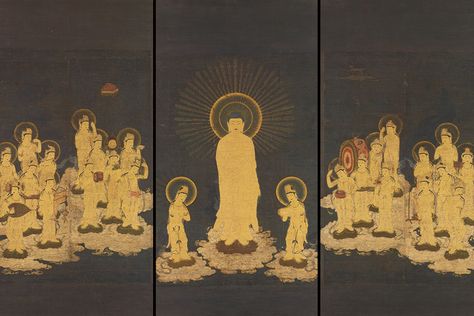 Nature In Japan, Amida Buddha, Japanese Buddhism, Medieval Japan, Amitabha Buddha, Dunhuang, Japanese Painting, Buddhist Art, Medieval Art