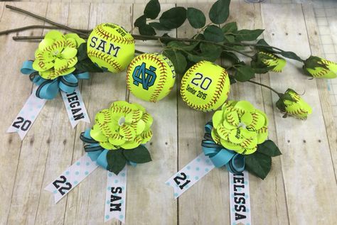 Softball memorabilia for our local high school. You will never forget your team with a school logo, your name and number! It makes a special gift. Also, handmade rosebuds for your bouquets and a corsage to top it off for your parent! A cute way to share memories Softball Bedroom, Softball Roses, Fast Pitch Softball, High School Softball, Senior Party, Travel Ball, Softball Ideas, Softball Party, Softball Crafts