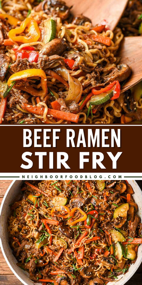 Add this Beef Ramen Stir Fry to your simple weeknight dinner ideas! This quick and easy stir-fry recipe is loaded with veggies in a sweet and savory sauce. What an easy recipe for a weeknight dinner! Ramen Stir Fry Recipes, Beef Strips Recipes, Beef Ramen Stir Fry, Garlic Ginger Sauce, Easy Honey Garlic Chicken, Weeknight Dinner Ideas, Beef Ramen, Ms Diet, Ramen Stir Fry