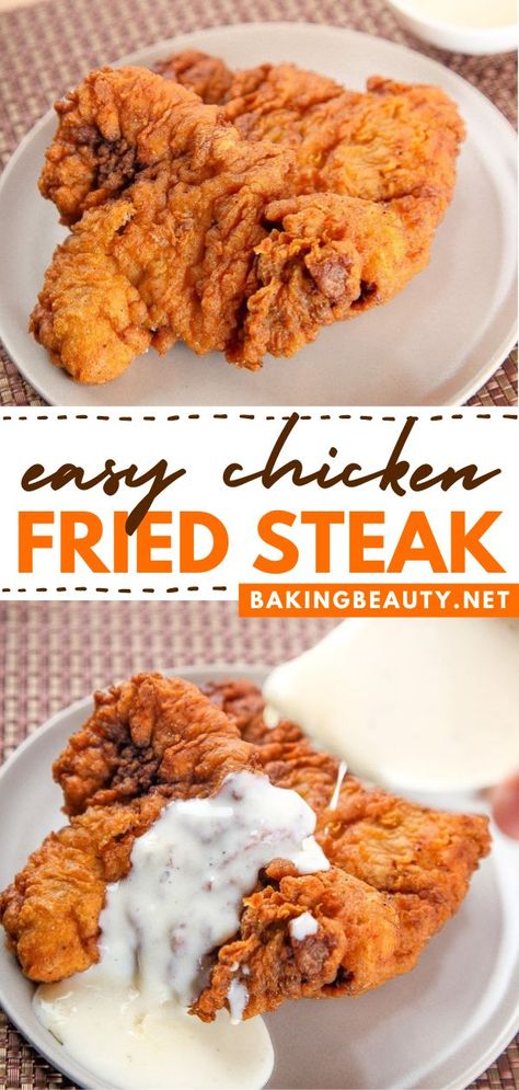 This best chicken fried steak recipe for dinner is top-tier! You should learn how to make a chicken fried steak that's triple dipped in an ultra-crispy batter, and then topped with a creamy white gravy. The result will satisfy you! What else could you ask for? Chicken Fried Steak Batter, Chicken Fried Steak Easy, Chicken Fried Steak Recipe, Chicken Batter, Fried Steak Recipes, Fried Mac And Cheese, Southern Comfort Food, White Gravy, Batter Recipe