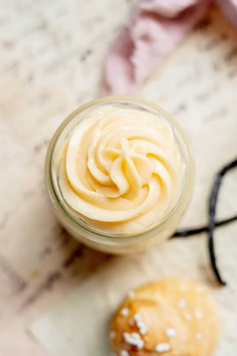 bird's eye view of little jar of swirled crème pâtissière. Custard Cake Filling, Bastille Day Party, Bread Machine Dough, French Creme, Cream Puff Dessert, Puff Dessert, Choux Buns, Baked Goods Recipes, French Dessert Recipes