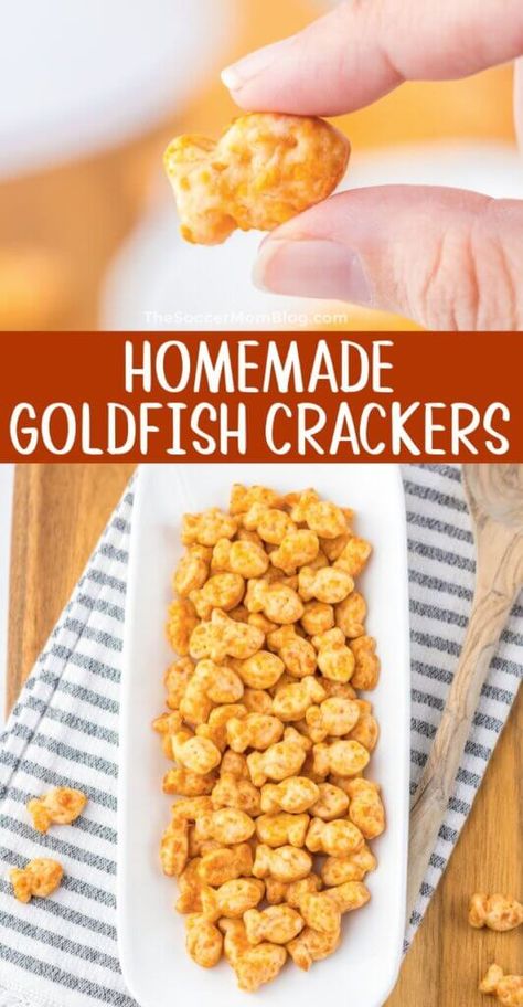 These Copycat Goldfish Crackers are crispy, crunchy and cheesy...and just 4 ingredients to make at home! Goldfish Crackers Recipe, Homemade Goldfish, Homemade Goldfish Crackers, Healthy Crackers, Fish Crackers, Crackers Recipe, Trail Mix Recipes, Goldfish Crackers, Homemade Crackers