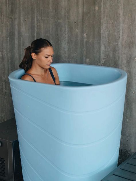 7 Ice Bath Tubs To Cold Plunge At Home  - The Good Trade Bathroom With Cold Plunge, Ice Bath Home, Cold Plunge Backyard, Luxury Cold Plunge, Ice Tub Bath, At Home Cold Plunge, Diy Ice Bath Ideas, Home Sauna And Cold Plunge, At Home Ice Bath