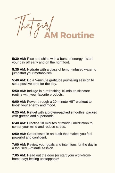 Morning Tips Motivation, Feminine Daily Routine, 5am Aesthetic Morning Routine, Morning Routine With Time Stamps, It Girl Day Routine, Daily Routine For Working Women, Early Morning Routine Schedule, It Girl Daily Routine, Morning Routine Black Women