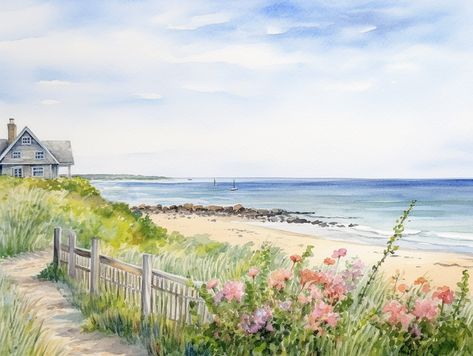 Cape Cod Painting Beach Scene Art Print Seaside Wall Art Beach House Decor Wildflowers Artwork - Etsy Israel Cape Cod Wall Art, Cape Cod Painting, Seaside Wall Art, Cottage Prints, Seaside Art, Painting Beach, Wall Art Beach, Diy Watercolor Painting, Beach Watercolor