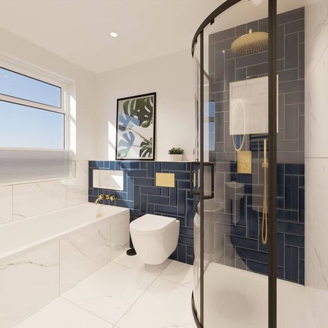 Dibujo.design Interiors on Instagram: “We finalised the design for this family bathroom this week. How striking are the Brass fittings against the Navy tiles?😍 Everything's…” Navy Shower Room, Navy Tiled Bathroom, Blue Feature Wall, Boys Bathroom, Brass Fittings, Family Bathroom, The Navy, Shower Room, Tile Bathroom