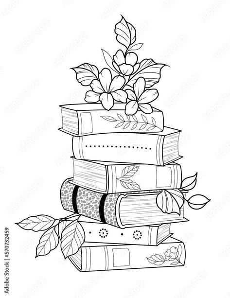 Book And Flowers Drawing, Book Drawing Tattoo, Books And Flowers Drawing, Book Flowers Tattoo, Books With Flowers Tattoo, Books Doodle Art, Books And Flowers Tattoo, Cat Book Tattoo, Bookmark Tattoo