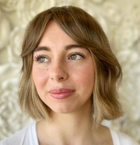 hairbykamaile Long Bob With Bottleneck Bangs, Bottleneck Bob Haircut, Bottleneck Bob, Dark Blonde Bob With Bangs, Trending Haircuts 2023, Bottleneck Bangs Short Hair, Bottleneck Bangs Medium Hair, Dark Blonde Bobs, Blonde Bob With Bangs