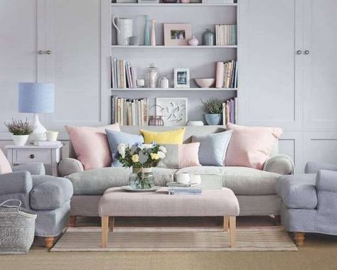 This cute pastel living room is a refreshing space to relax. Find it at lovahomy.com Living Room Colour Schemes, Ideal Home Magazine, Pastel Living Room, Deco Pastel, Pastel Interior, Pastel House, Pastel Room, Pastel Decor, Design Salon