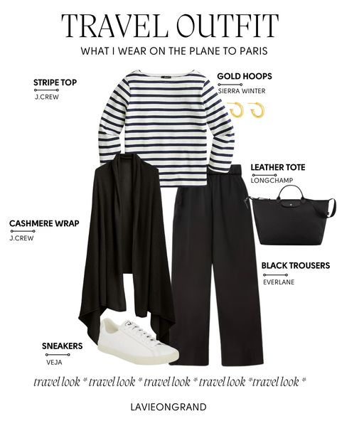 stripes and trousers paris travel outfit Europe Flight Outfit, Travel Airplane Outfit, Stylish Travel Outfit, Chic Travel Outfit, Comfortable Travel Outfit, Comfy Travel Outfit, Airplane Outfits, Travel Clothing, Fashion Capsule Wardrobe