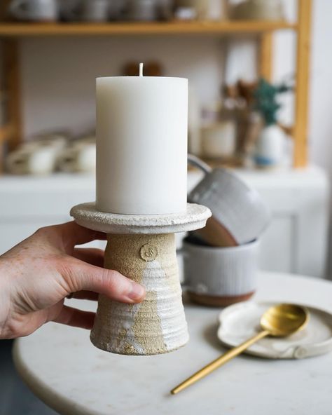 Creamy pottery goodness 🤤🤤🤤 In stock from next week- my new pillar candle stands! I’m absolutely chuffed with all of the new pieces I’ve made lately, we’re going through a mix between very neutral and also lots of little patterns. More to show you in that one as next week comes 🎉 I still need to source some candles to sell alongside these so if you have any ideas let me know 🥰 this candle came from a set of three I had years ago and I don’t remember where I got it 🙄 Big love for some neutr... Candles To Sell, Beautiful Dinner Table, Fancy Candle Holders, Chunky Candle Holders, Pillar Candle Stand, Fancy Candles, Beautiful Dinner, Candle Stands, Dinner Table Setting