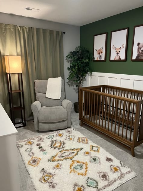 Nursery Ideas With Brown Crib, Forest Green And Grey Nursery Boy, Woodland Nursery White Crib, Green Nursery Brown Crib, Green Gray Brown Nursery, Dark Green Crib Nursery, Green Nursery With Brown Furniture, Woodland Nursery Green Walls, Nursery With Dark Wood Crib