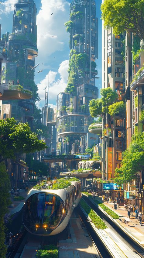 ✨ Discover the future of sustainable living in a vibrant urban street! 🌱 With floating green parks, sleek skyscrapers boasting vertical gardens, and tech-savvy pedestrians, this eco-friendly haven is a vision of innovation. 🚀 #FuturisticArchitecture #EcoFriendly #SmartLiving #Midjourney Eco City Concept Art, Eco Cyberpunk, City Worldbuilding, Ecopunk Aesthetic, Futuristic Green City, Utopia Aesthetic, Eco Futurism, Eco Punk, Futuristic City Utopia