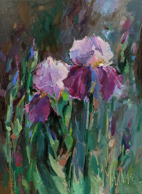 Iris Light by Mary Maxam, Oil, 12 x 9 Iris Painting, Garden Painting, Impressionism Art, Iris Flowers, Flower Art Painting, Irises, Colorful Paintings, Acrylic Art, Oil Painting On Canvas