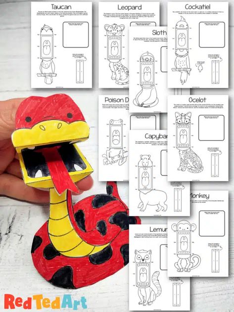 Jungle Animal Finger Puppets Printable - Red Ted Art - Kids Crafts Puppet Activities For Kids, Wild Animals Projects For Kids, Puppet Printable Free, Rainforest Crafts For Kids, Dragon Puppet Printable, Paper Puppets Printable, Nap Time Activities, Kindergarten Safari, Simple Summer Crafts