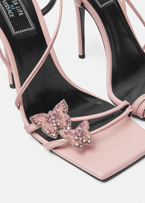 Versace Women's Crystal Butterflies Satin Sandals in Pink | Versace US Versace Dua Lipa, Versace X Dua Lipa, Dua Lipa X Versace, Crystal Butterflies, Heels Aesthetic, Satin Sandals, Versace Shoes, Versace Home, Designer High Heels