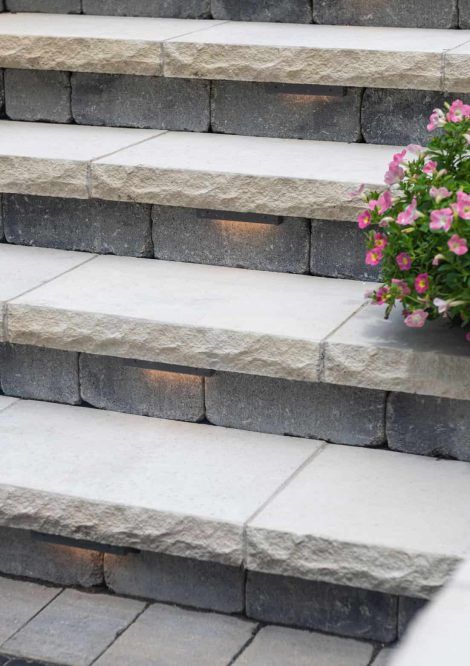 Small Patio with Big Impact | Project | Unilock Front Entry Pavers, Back Patio Steps From House, Front Steps Pavers, Concrete Patio Steps Ideas, Front Porch Steps Ideas Entrance Stone, Step Stone Patio Ideas, Front Porch Interlocking, Front Walkway With Steps, Front Porch Masonry Ideas