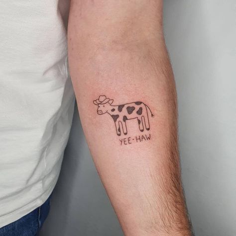 Cow With A Cowboy Hat Tattoo, Cowboy Cow Tattoo, Funny Cow Tattoo, Cow With Cowboy Hat Tattoo, Yee Haw Tattoo, Baby Cow Tattoo, Little Cow Tattoo, Cow With Cowboy Hat, Yeehaw Tattoo