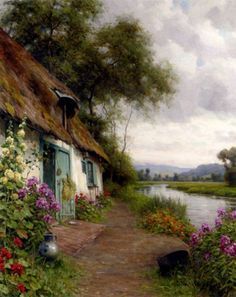 Louis Aston Knight, Riverside Cottage, Cottage Painting, Vanishing Point, Cottage Art, Knight Art, 그림 그리기, Cottage Garden, Beautiful Paintings