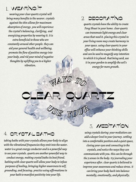 ways to use your clear quartz crystal. infographic on how to use clear quartz How To Use Clear Quartz, Clear Quartz Benefits, How To Cleanse Clear Quartz, Clear Quartz Aesthetic, Clear Quartz Crystal Meaning, Crystals Benefits, Clear Quartz Meaning, Quartz Aesthetic, Clear Quartz Properties