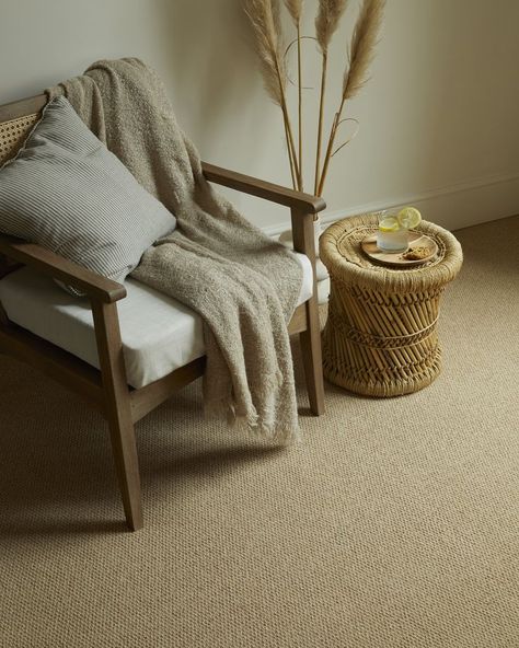 A neutral carpet in a tight woven texture, presented with a boucle chair, woven side table and pampas grass. Loop Pile Carpet, Carpet Samples, Wool Textures, Floor Colors, Weave Style, Sound Insulation, Natural Shades, Free Sample, Wool Carpet