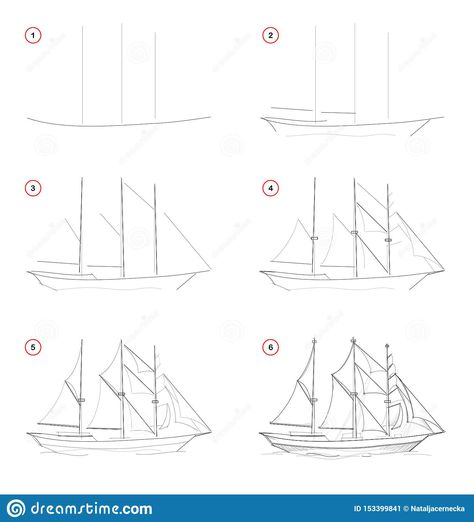 Creation step by step pencil drawing. Page shows how to learn draw sketch of imaginary three-masted sailing ship.. Illustration about back, fantasy, paint, cartoon, artist - 153399841 Sailing Boat Drawing, Ship Outline, Boat Drawing Simple, Artistic Journal, Outline Cartoon, Paint Cartoon, Sailboat Drawing, Boat Sketch, Ship Sketch