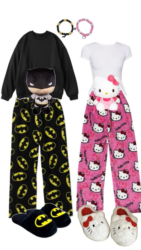 Batman And Hello Kitty, Matching Christmas Pajamas Couples, Matching Couple Pajamas, Hello Kitty Pajamas, Couples Matching Outfits Swag, Bff Matching Outfits, Batman Outfits, Matching Outfits Best Friend, Kitty Clothes