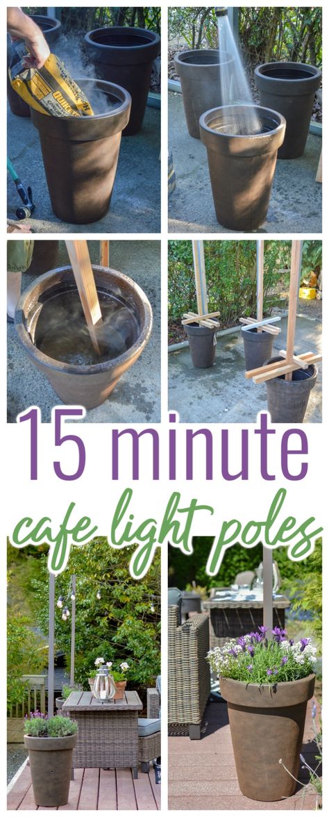 Handmade Planter, Outdoor Cafe, Diy Outdoor Decor, Light Pole, Outdoor Diy Projects, Cafe Lights, Backyard Diy Projects, Backyard Makeover, Patio Lighting