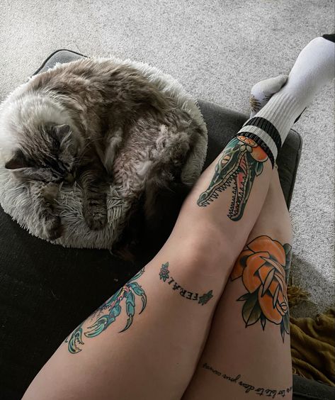 Bull Knee Tattoo, Crab Leg Tattoo, American Traditional Under Knee Tattoo, Name Above Knee Tattoo, Knee Placement Tattoo, Leopard Slug Tattoo, Dog Hiking Tattoo, Gator Tattoo Cute, Patch Leg Sleeve Tattoo