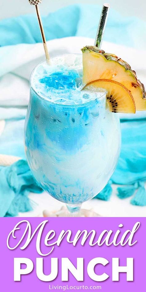 Mermaid Rum Punch is an ocean blue tropical drink recipe with frozen lemonade, coconut, rum and banana that’s absolute magic! #cocktail #drink #recipe #mermaid #LivingLocurto Frozen Drinks With Malibu Rum, Coconut Mixed Drinks, Mermaid Punch, Tropical Mixed Drinks, Frozen Mixed Drinks, Frozen Mermaid, Tropical Drink Recipes, Rum Punch Recipes, Banana Drinks