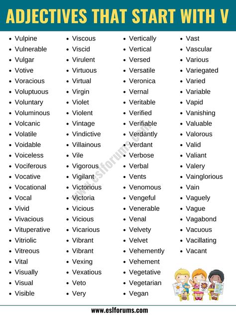 Adjectives that Start with V: List of 95+ Words Starting with V in English - ESL Forums Scrabble Tips, Adjective List, Adjective Words, Scrabble Words, English Adjectives, English Learning Spoken, Essay Writing Skills, Good Vocabulary Words, Good Vocabulary