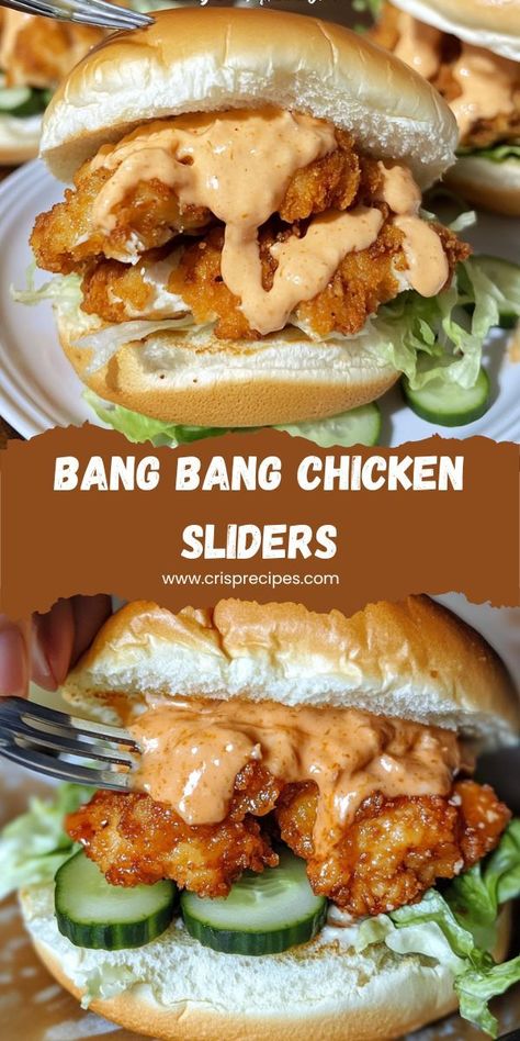 Bang Bang Chicken Sliders bring together the spicy, tangy, and creamy flavors of Bang Bang sauce with juicy chicken on mini slider buns. Perfect for parties! Asian Sliders Recipes, Slider Sunday Recipes, Chicken Sunday Dinner Ideas, Sunday Sliders, Chicken Green Bean Casserole, Sliders Ideas, Slider Sunday, Mini Slider, Sliders Recipes Chicken