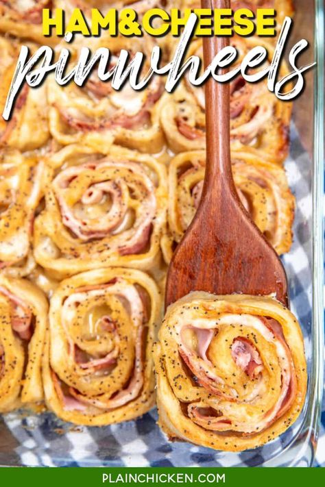 Glazed Pigs in a Blanket - Football Friday - Plain Chicken March Madness Party Food, Hot Ham And Cheese, Cream Cheese Biscuits, Cream Cheese Sausage Balls, Ham And Cheese Pinwheels, Cheese Pinwheels, Pinwheel Recipes, Plain Chicken, Deli Ham