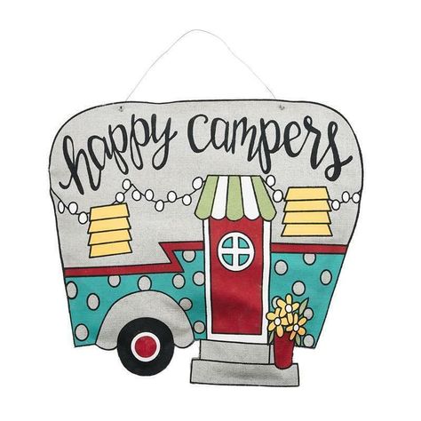 This is a camp sign that can be used to mark a campsite or to indicate where a specific activity is taking place. It is made out of sturdy wood and measures 24 inches by 24 inches. Vintage Camper Art, Happy Camper Sign, Camper Art, Camper Signs, Camping Signs, Camper Living, Camper Decor, Wooden Door Hangers, Wreath Supplies