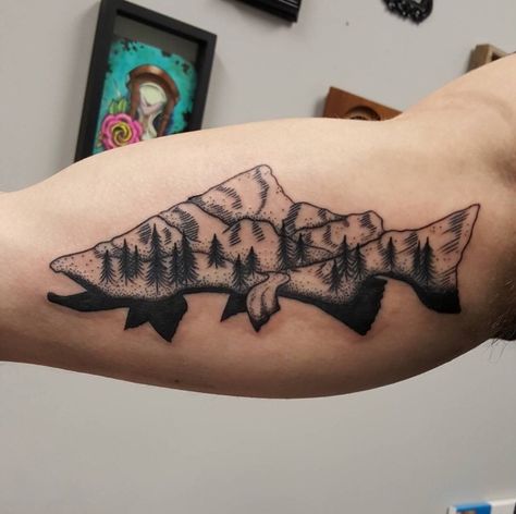 Trout tattoo Halibut Tattoo, Salmon Tattoo, Trout Tattoo, Fishing Hook Tattoo, Colorado Tattoo, Wilderness Tattoo, Hook Tattoos, Lion Tattoo Sleeves, Fly Fishing Art