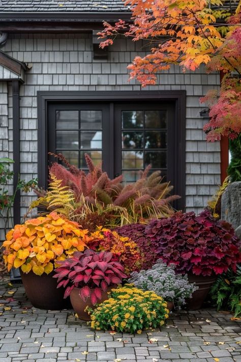 Fall Front Porch Flowers, Autumn Pots Outdoor, Fall Flower Bed Ideas In Front Of House, Fall Plants For Porch, Autumn Planter Ideas, Fall Flower Beds In Front Of House, Fall Outdoor Planter Ideas, Autumn Garden Ideas, Container Farming