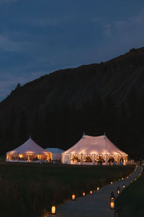 Glowing tents filled with celebration at the Maurin Ranch. Meadow Wedding, Mountain Meadow, Aspen Wedding, Colorado Landscape, Private Estate Wedding, Plus Size Bride, Tent Design, Montana Wedding, Wedding Tent