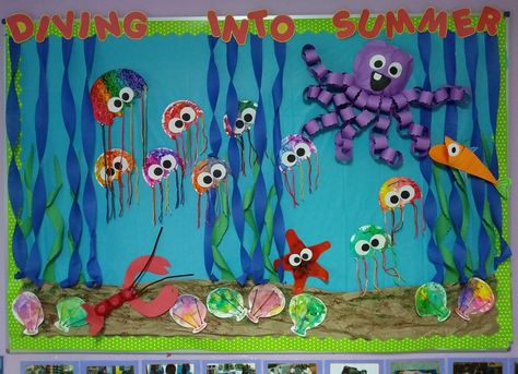 Summer Bulletin Board Bulletin Board Ideas Daycare, Summer Bulletin Board Ideas, Daycare Bulletin Boards, Toddler Bulletin Boards, Ocean Bulletin Board, Summer Bulletin Board, Kids Bulletin Boards, Under The Sea Crafts, Summer Bulletin Boards