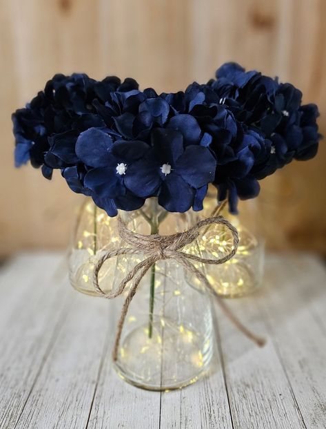 Frosted Mason Jar Centerpieces, Winter Banquet Centerpieces, Navy Engagement Party, Blue And Gold Flower Centerpieces, Blue And Silver Table Centerpieces, Blue White Silver Wedding Decor, Blue Table Centerpieces For Party, Simple But Elegant Wedding Centerpieces, Blue White Tablescape