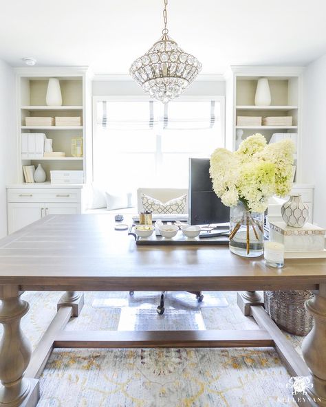 2,227 Likes, 34 Comments - Kelley Nan | Gracious Living (@kelleynan) on Instagram: “Ditchin' my desk for the day to get things done 👊🏼 Make it a great day, y'all! Sources located on…” Hide Computer Cords, Den Furniture Layout, Hide Cords, Monitor Lizard, Best Office, Furniture Office, Large Desk, Craft Room Office, Dining Room Office