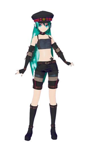 Punk | Project DIVA Wiki | Fandom Hatsune Miku Project Diva, Leather Fingerless Gloves, Police Hat, Fishnet Leggings, Project Diva, White Headphones, Anime Inspired Outfits, Black Choker, Black Bra