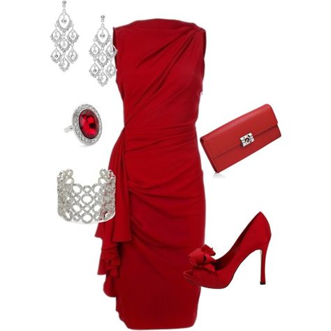 paint the town red by teresajohnson-1 on Polyvore featuring Lanvin, rsvp, Folli Follie, Kate Spade and Jon Richard Party Outfit Plus Size, Gaun Koktail, Cocktail Party Outfit, Fest Outfits, Chique Outfits, Trend Fashion, Outfits Casual, Fashion Mode, Outfit Casual