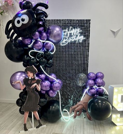 Womens Birthday Backdrop Ideas, Wednesday Addams Decorations Party, Wensday Decoration, Wednesday Addams Birthday Decor, Wednesday Addams Balloon Decor, Wednesday Addams Sleepover Party, Wednesday Adams Birthday Party Theme, Wednesday Halloween Party, Wensday Birthday Party Ideas