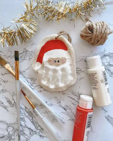 Santa Salt Dough Handprint, Santa Hand Print Craft, Foot Salt Dough Ornaments, Hand Salt Dough Ornaments, Salt Dough Ornaments Santa, Hand Ornaments Salt Dough, Salt Dough Santa Ornaments, Salt Dough Ideas For Kids, Reindeer Salt Dough Ornaments